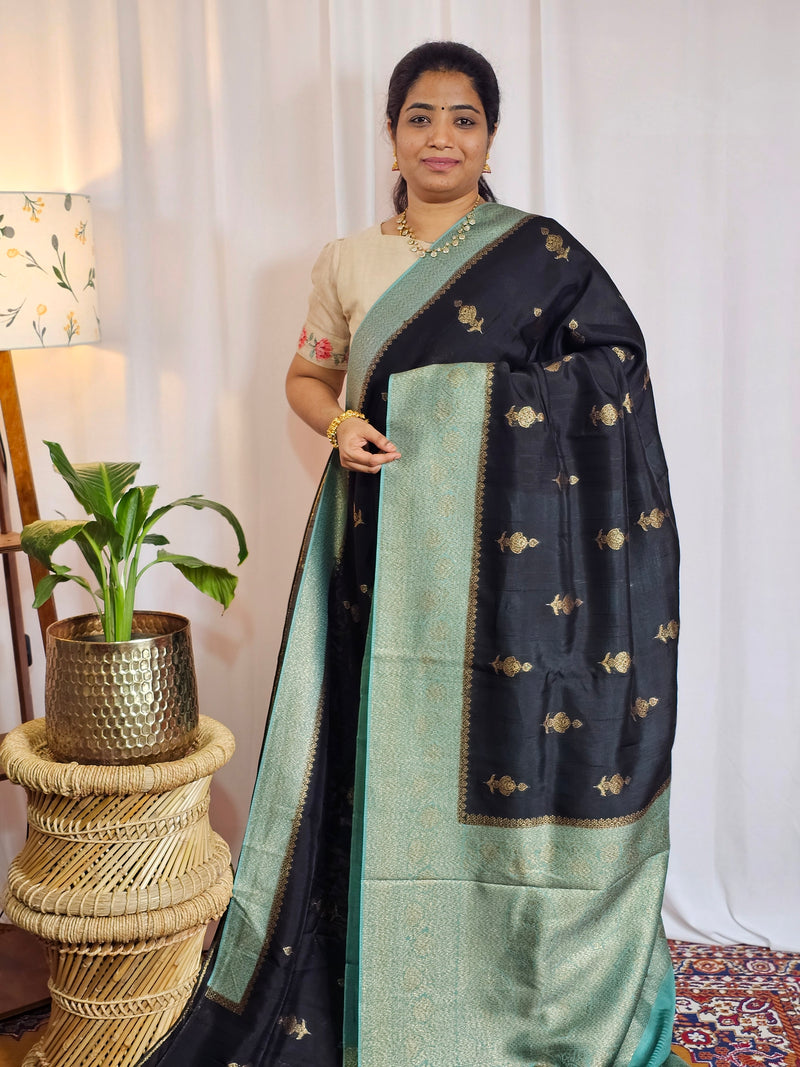 Jute Banarasi Silk Saree - Black with Teal Green