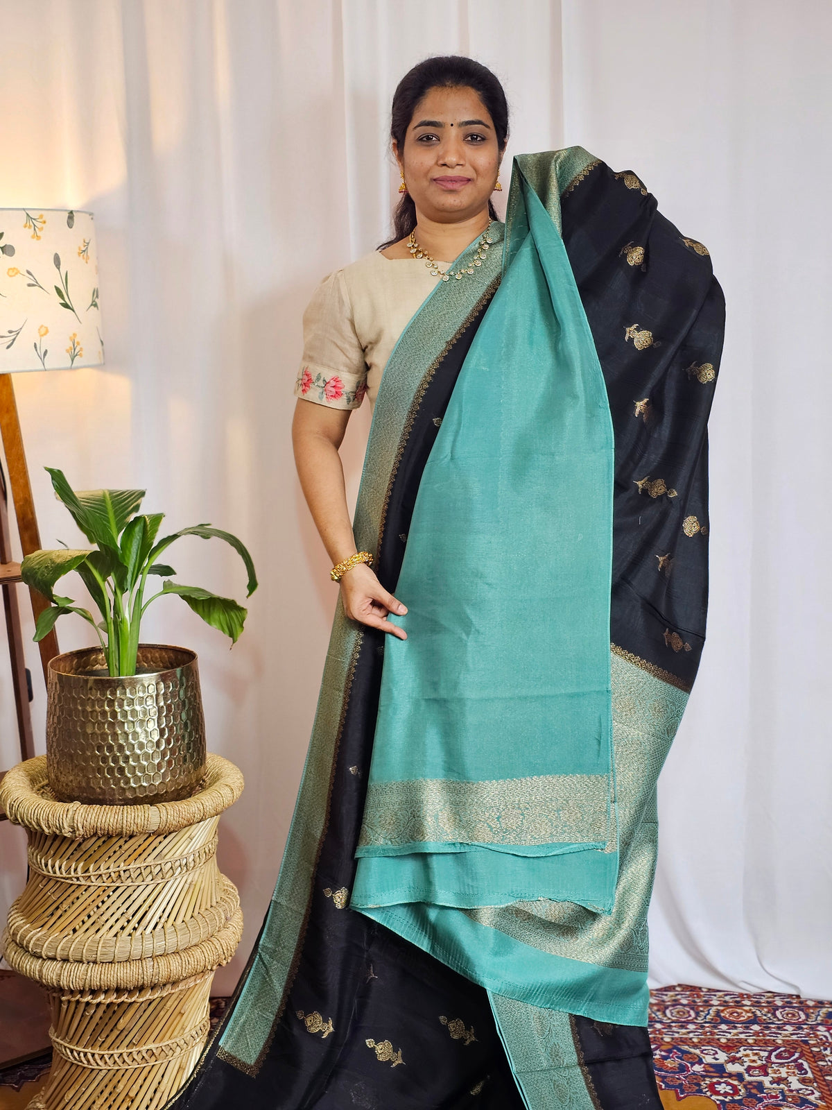 Jute Banarasi Silk Saree - Black with Teal Green