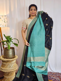 Jute Banarasi Silk Saree - Black with Teal Green