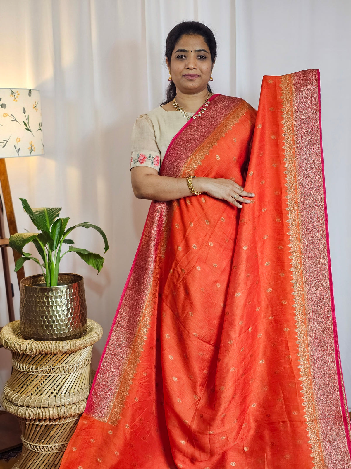 Jute Banarasi Silk Saree - Orange with Pink