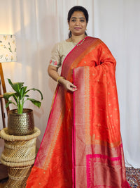 Jute Banarasi Silk Saree - Orange with Pink