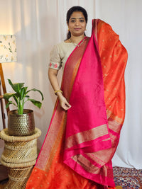 Jute Banarasi Silk Saree - Orange with Pink