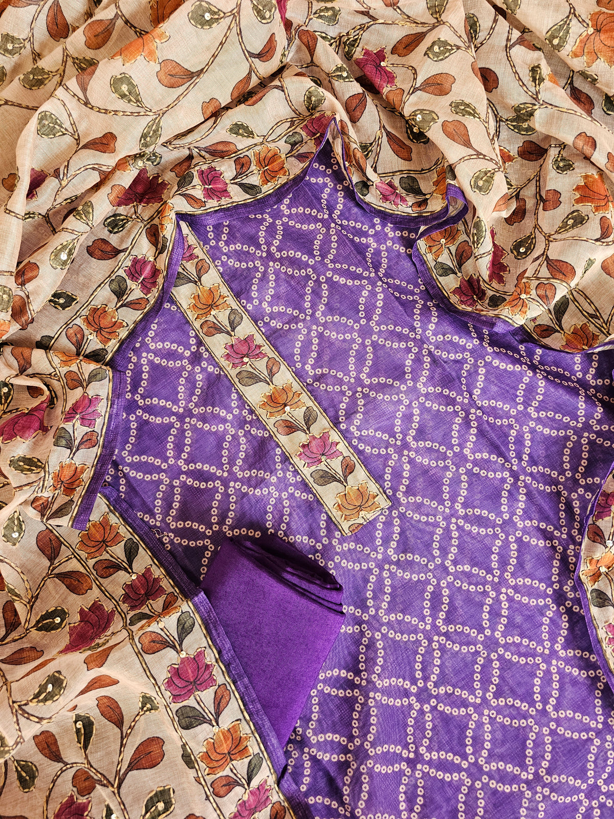 Chanderi with Kantha Unstitched Salwar Suit - Purple