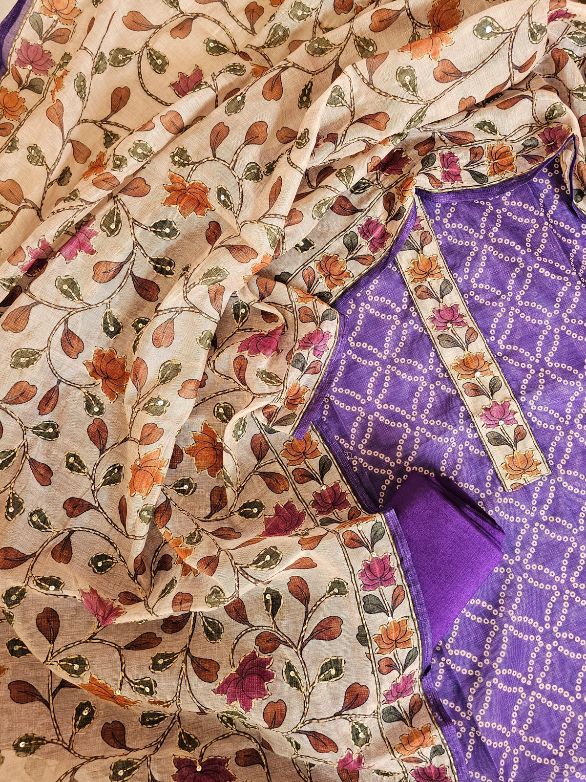 Chanderi with Kantha Unstitched Salwar Suit - Purple