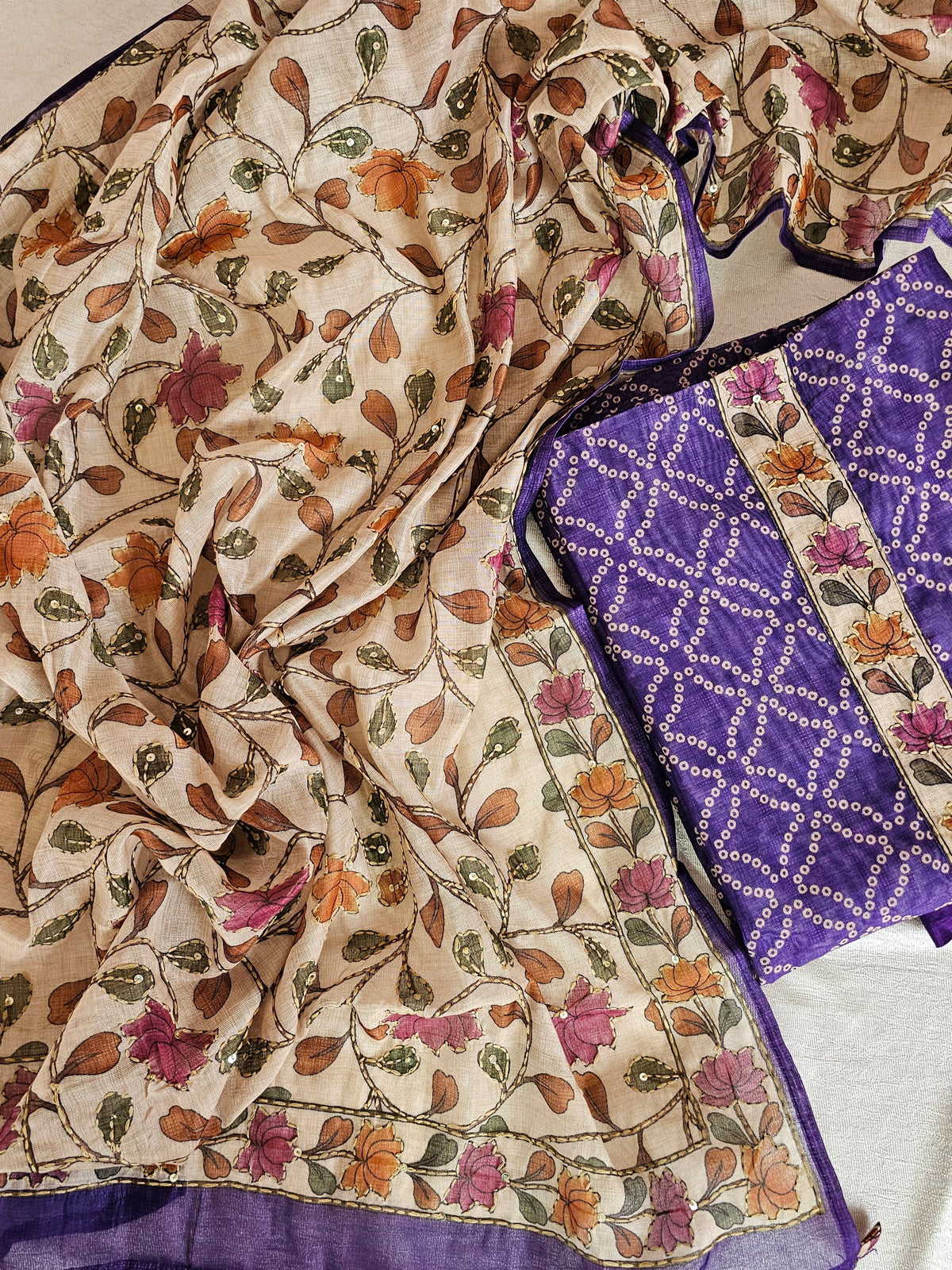 Chanderi with Kantha Unstitched Salwar Suit - Purple