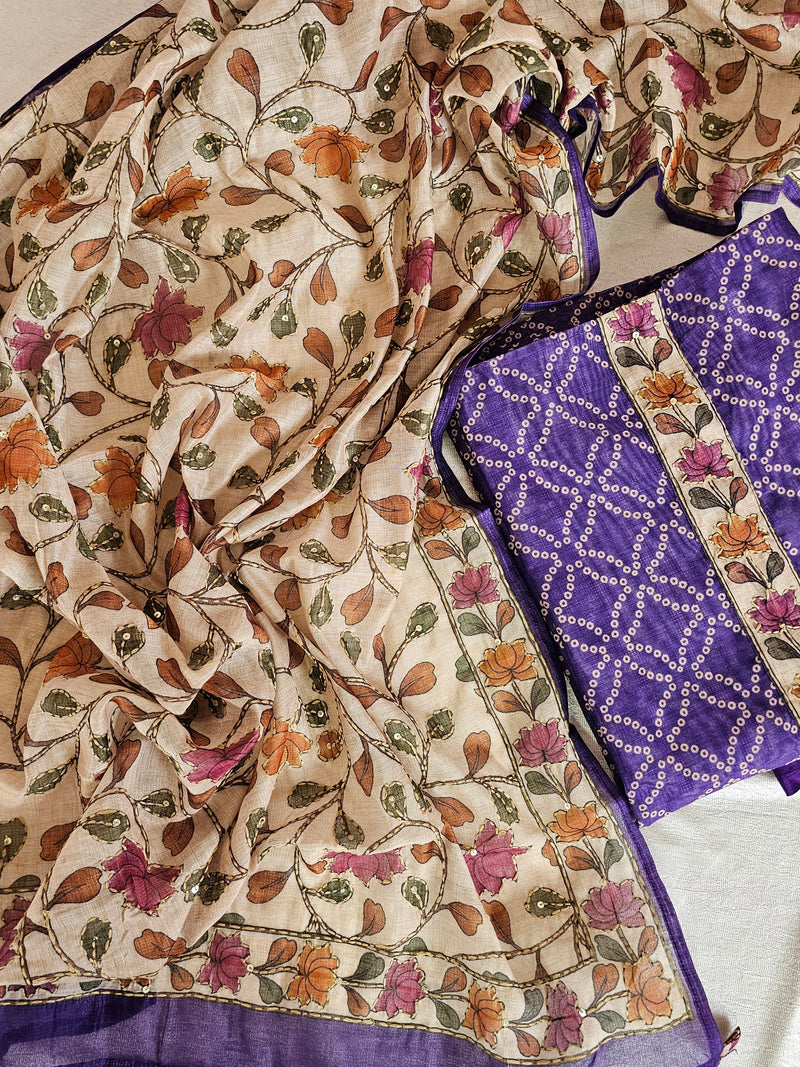 Chanderi with Kantha Unstitched Salwar Suit - Purple