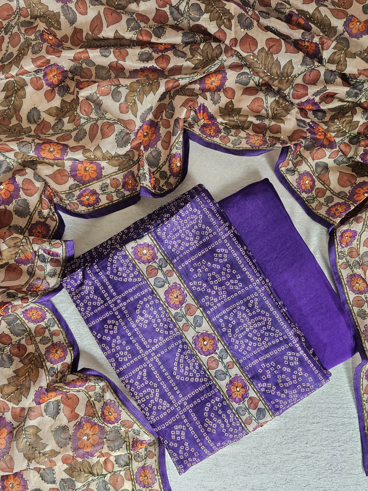 Chanderi with Kantha Unstitched Salwar Suit - Purple