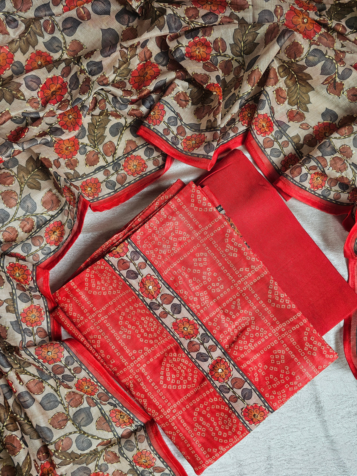 Chanderi with Kantha Unstitched Salwar Suit - Orange