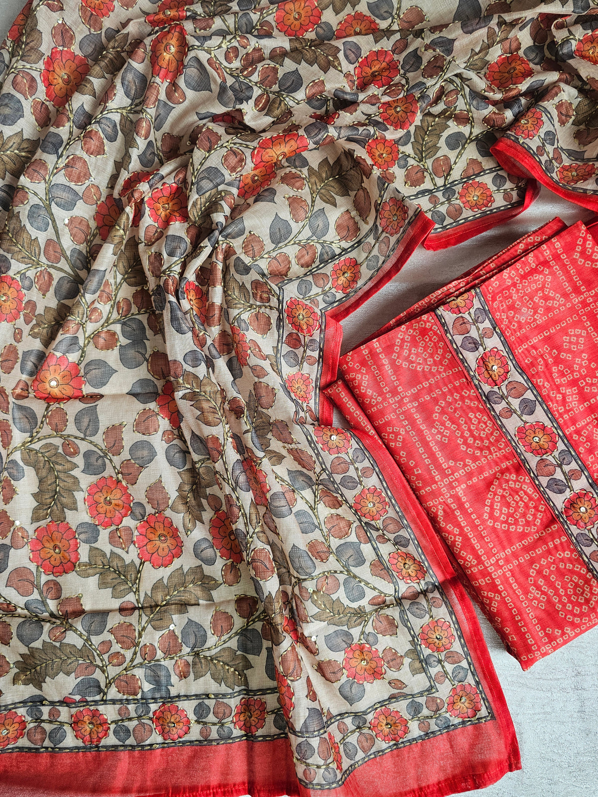 Chanderi with Kantha Unstitched Salwar Suit - Orange