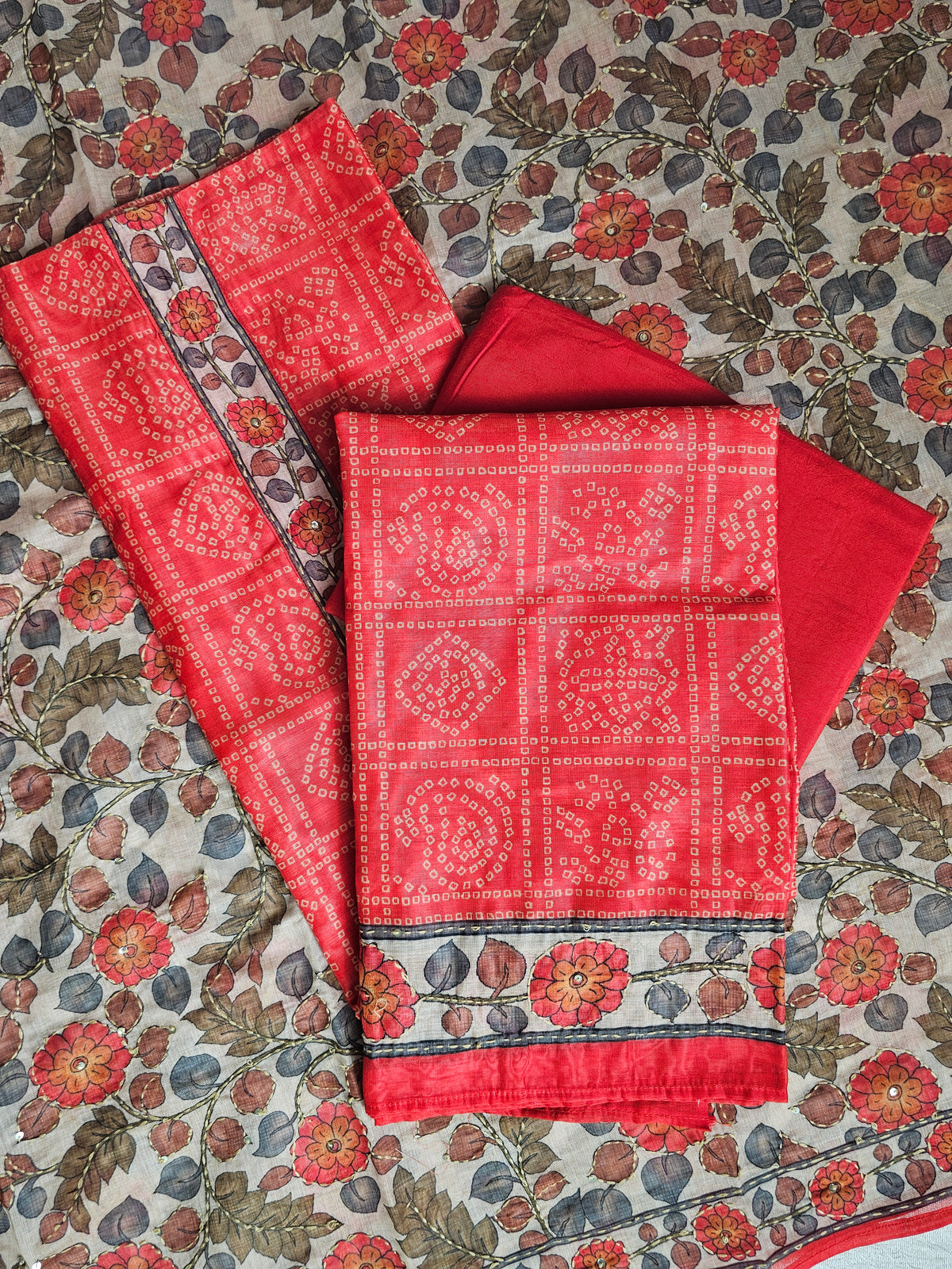 Chanderi with Kantha Unstitched Salwar Suit - Orange