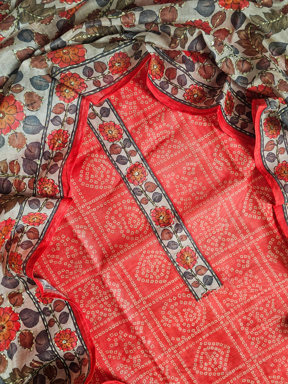 Chanderi with Kantha Unstitched Salwar Suit - Orange