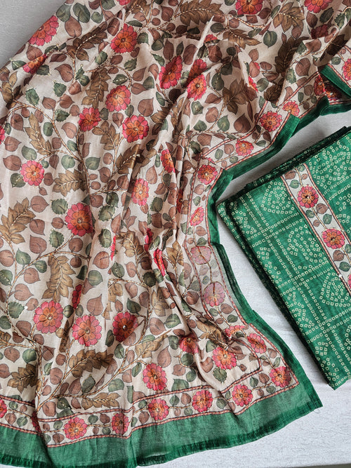 Chanderi with Kantha Unstitched Salwar Suit - Green