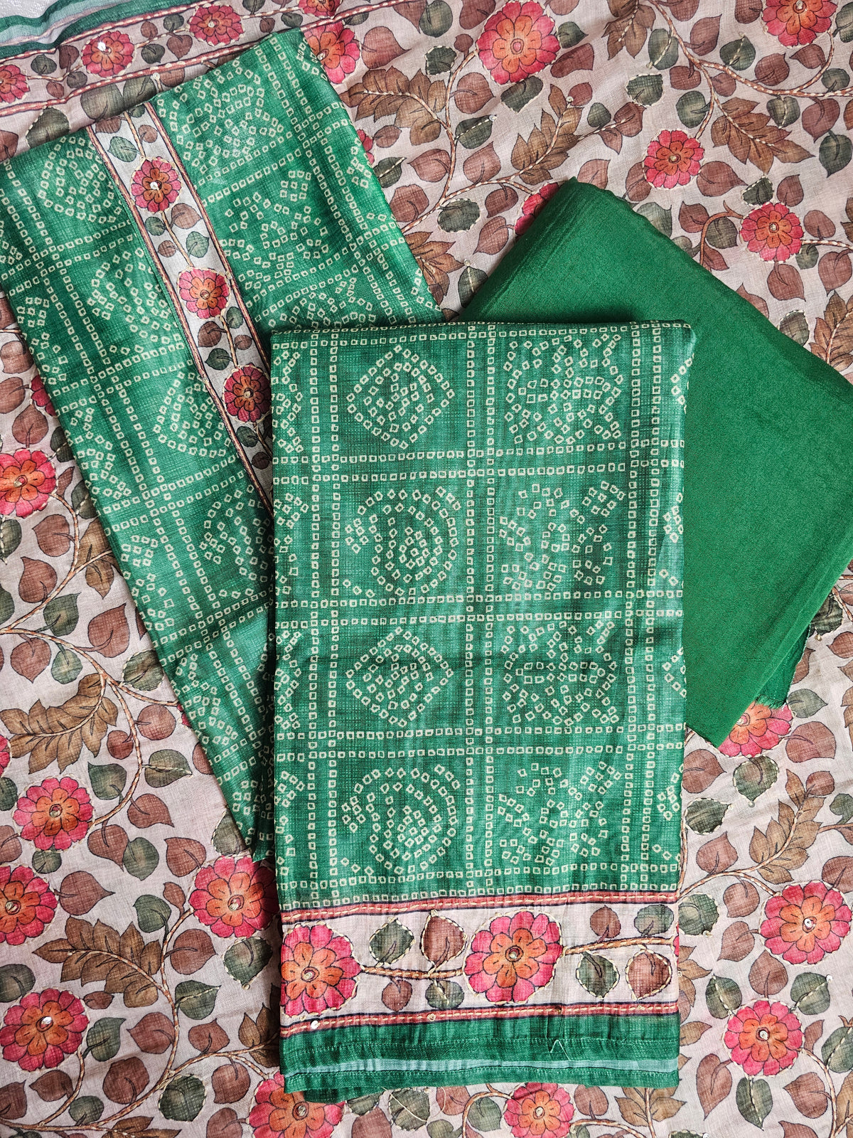 Chanderi with Kantha Unstitched Salwar Suit - Green