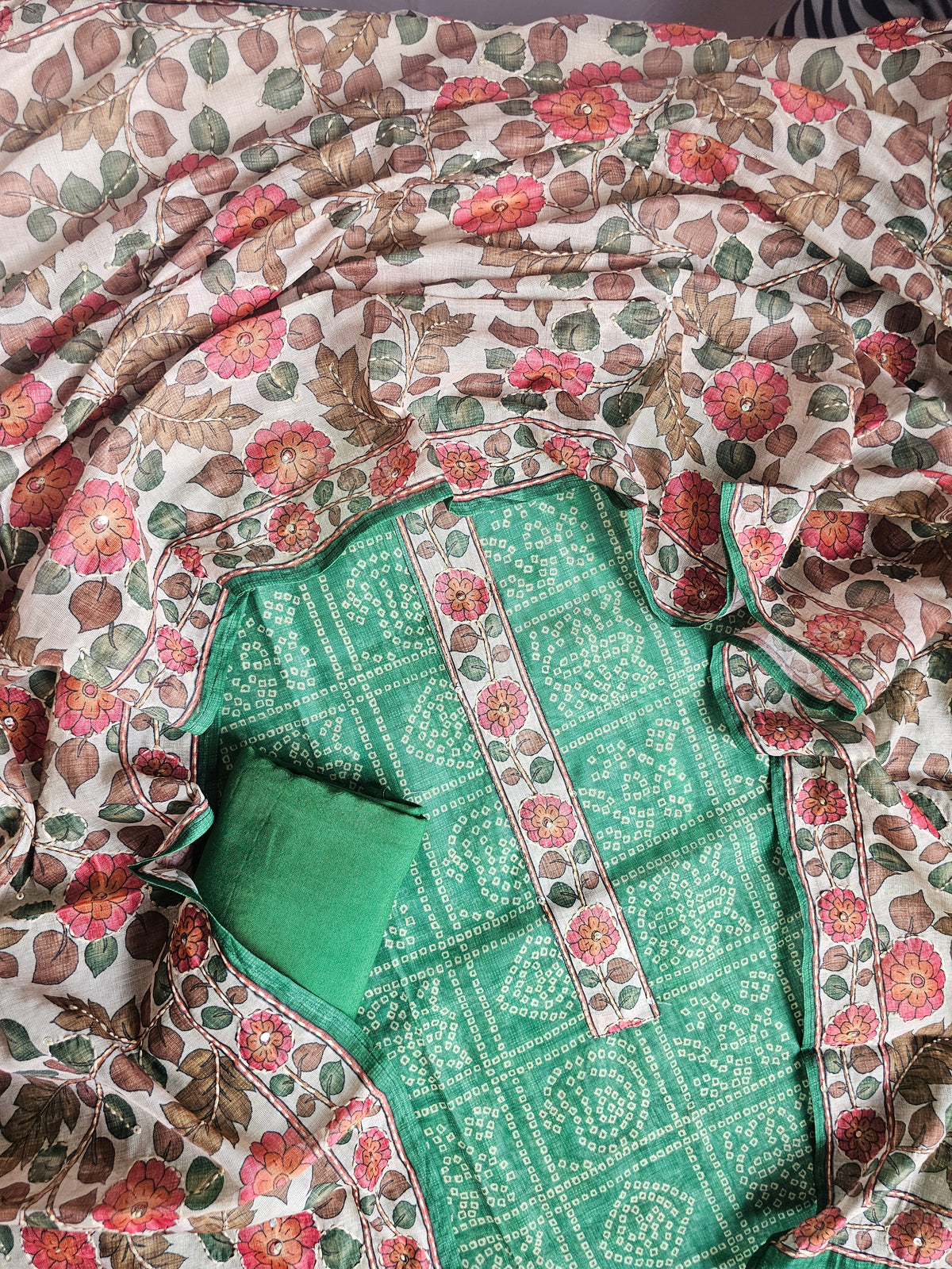 Chanderi with Kantha Unstitched Salwar Suit - Green