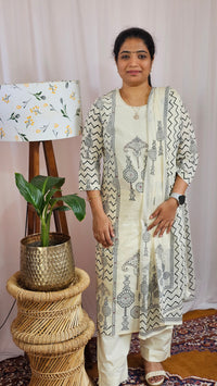 Premium 3 Pcs Mul Cotton Aline kurti with bottom and Dupatta - Cream with Black