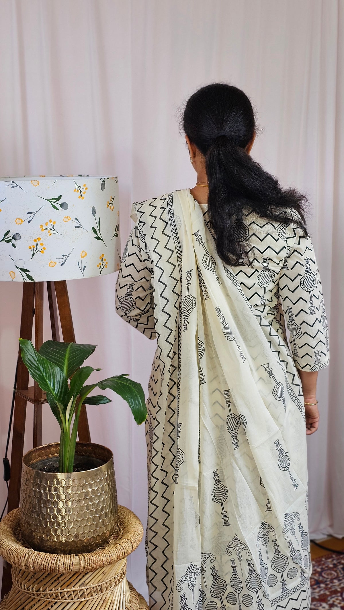 Premium 3 Pcs Mul Cotton Aline kurti with bottom and Dupatta - Cream with Black