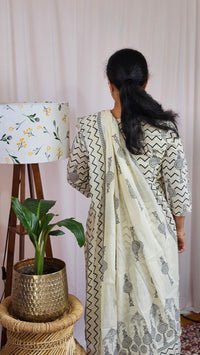 Premium 3 Pcs Mul Cotton Aline kurti with bottom and Dupatta - Cream with Black