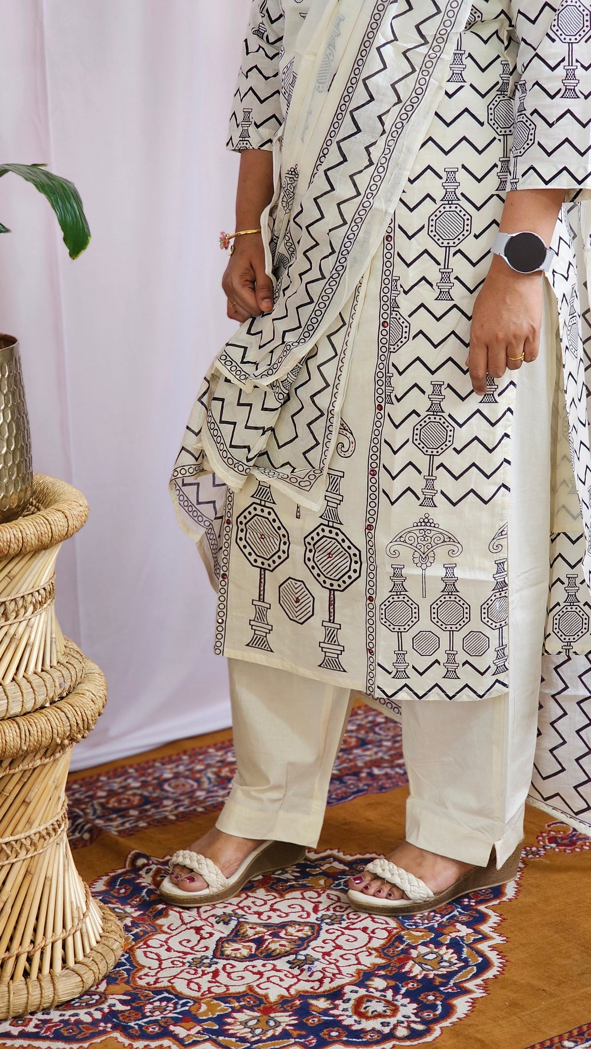 Premium 3 Pcs Mul Cotton Aline kurti with bottom and Dupatta - Cream with Black