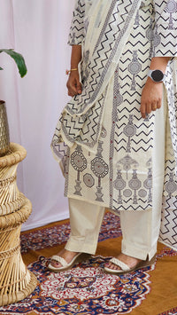 Premium 3 Pcs Mul Cotton Aline kurti with bottom and Dupatta - Cream with Black