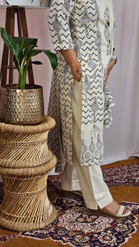 Premium 3 Pcs Mul Cotton Aline kurti with bottom and Dupatta - Cream with Black