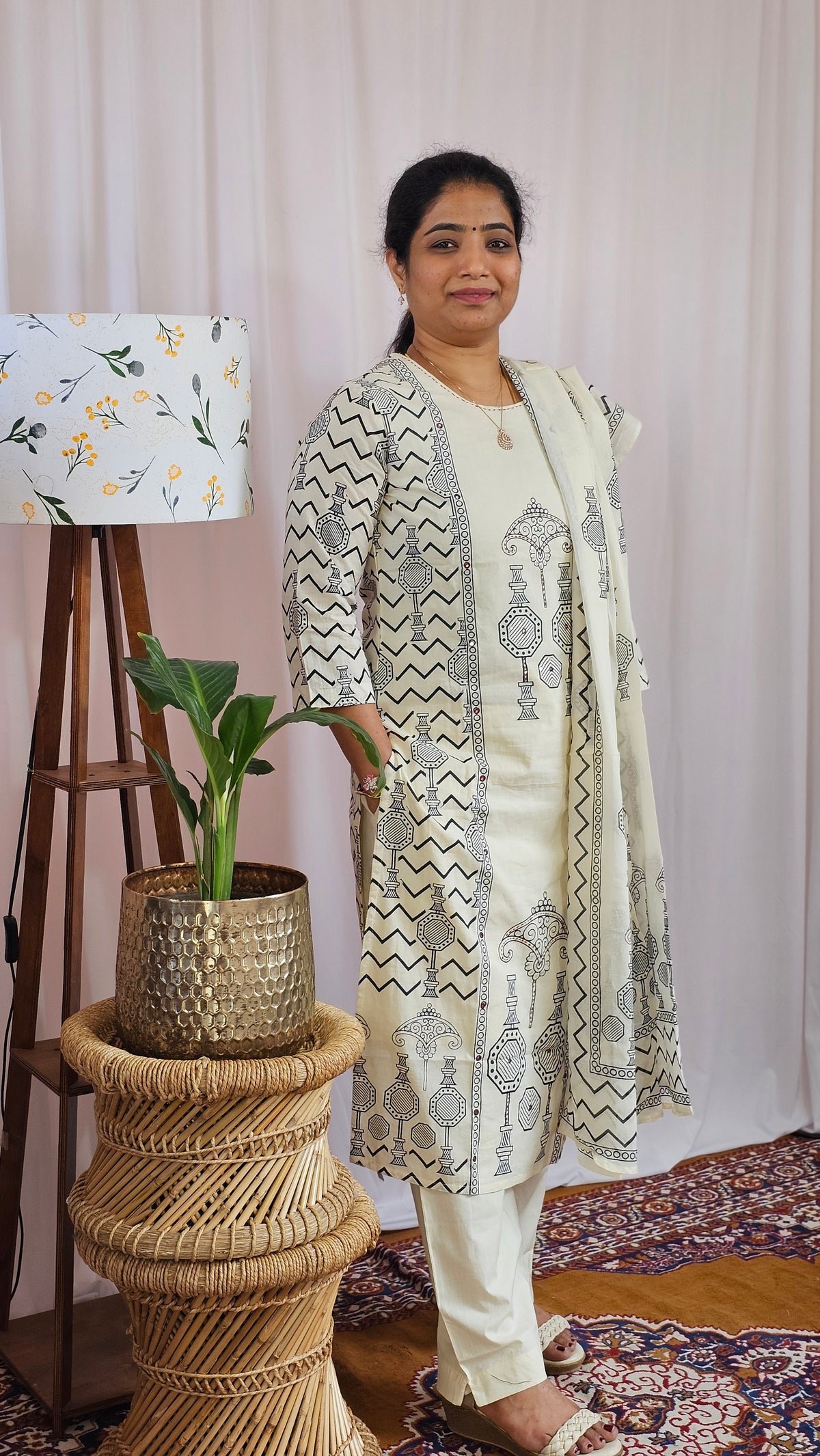 Premium 3 Pcs Mul Cotton Aline kurti with bottom and Dupatta - Cream with Black