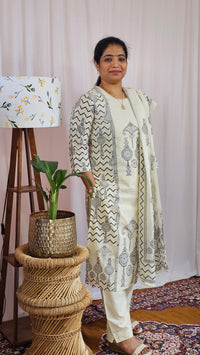 Premium 3 Pcs Mul Cotton Aline kurti with bottom and Dupatta - Cream with Black
