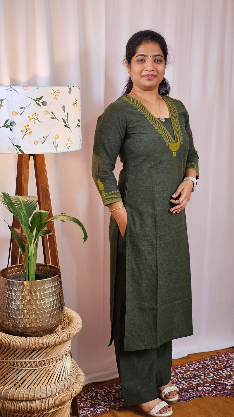 Cotton Kurti 2Pcs Sets - Dark Green