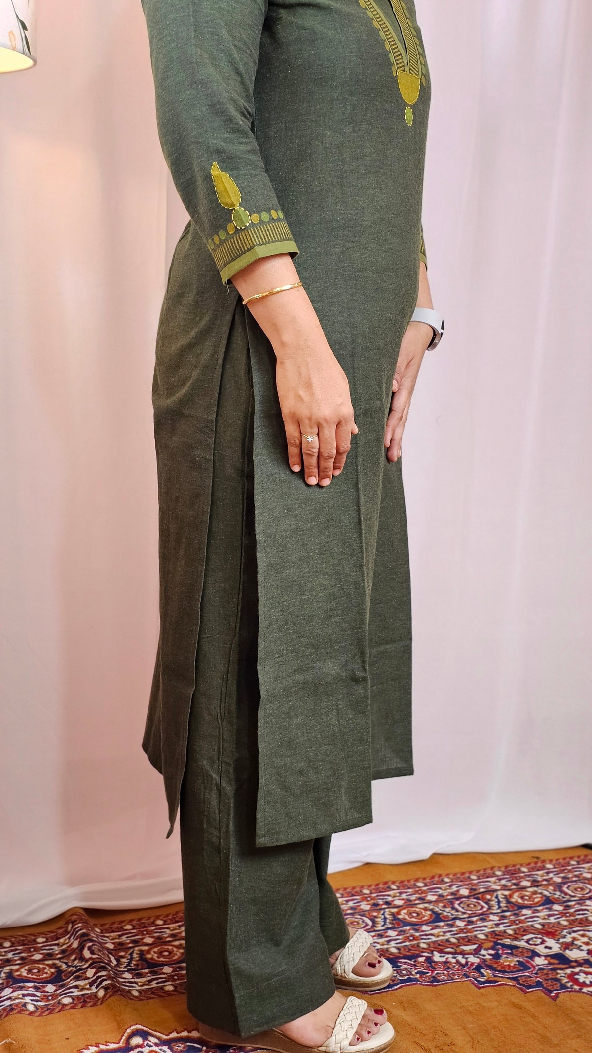Cotton Kurti 2Pcs Sets - Dark Green