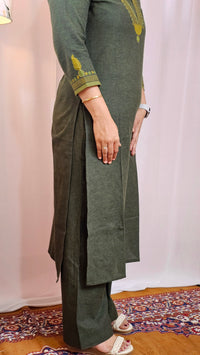 Cotton Kurti 2Pcs Sets - Dark Green