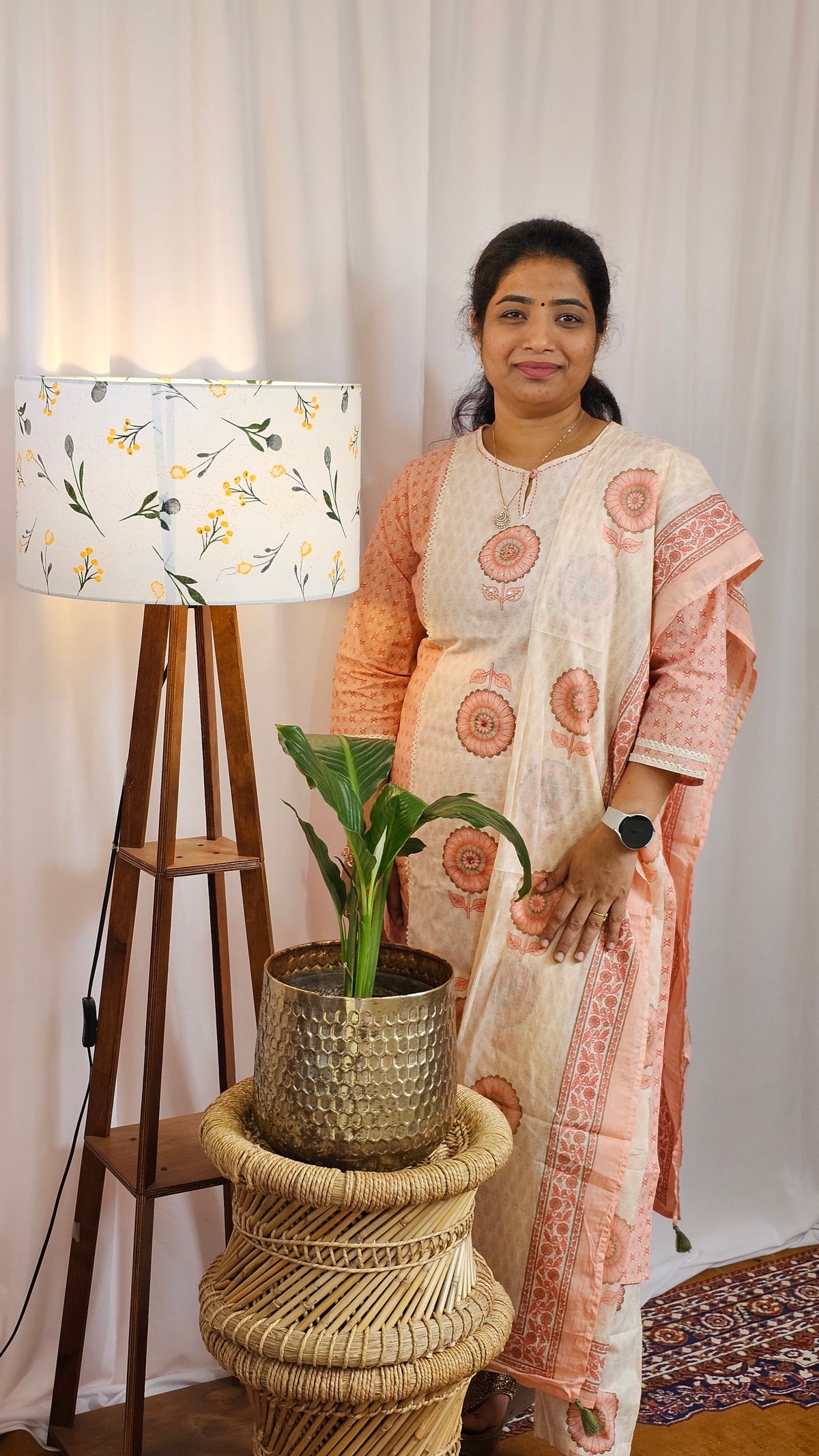 Premium 3 Pcs Cotton Aline kurti with bottom and Dupatta - Peach with Cream