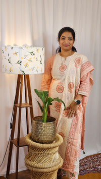 Premium 3 Pcs Cotton Aline kurti with bottom and Dupatta - Peach with Cream