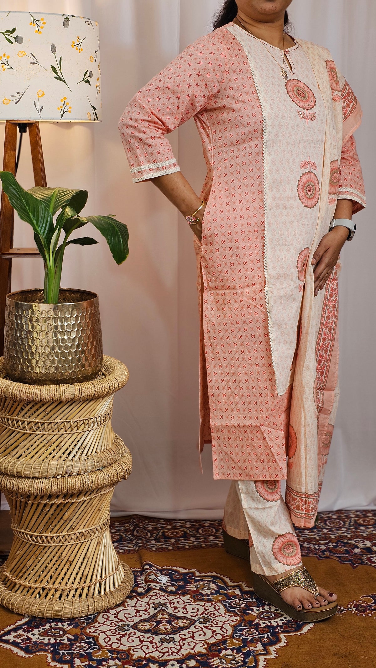 Premium 3 Pcs Cotton Aline kurti with bottom and Dupatta - Peach with Cream