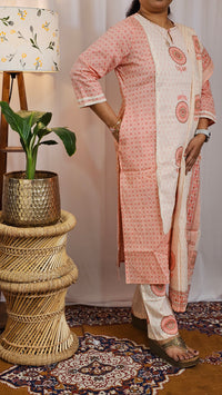 Premium 3 Pcs Cotton Aline kurti with bottom and Dupatta - Peach with Cream