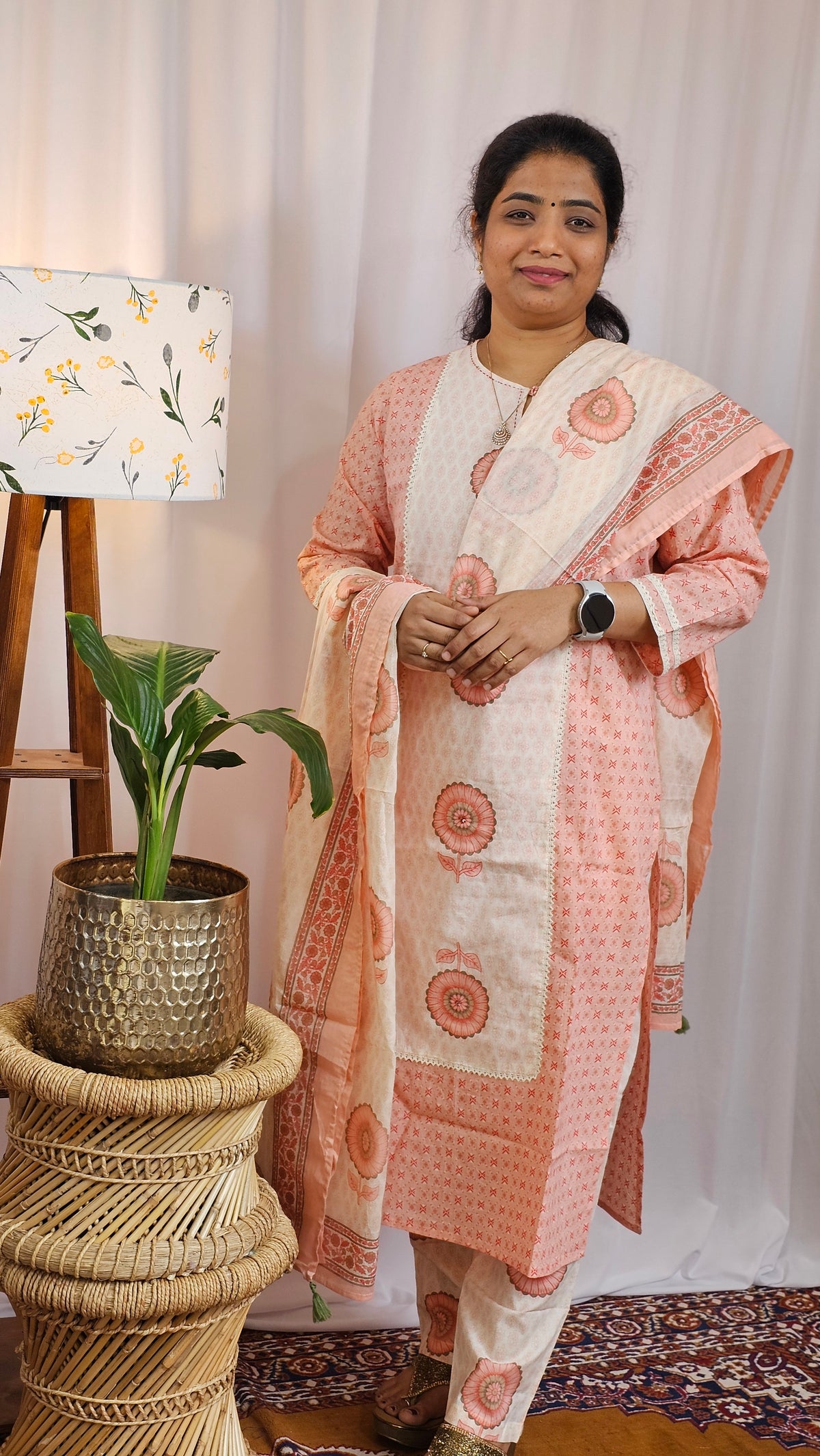 Premium 3 Pcs Cotton Aline kurti with bottom and Dupatta - Peach with Cream