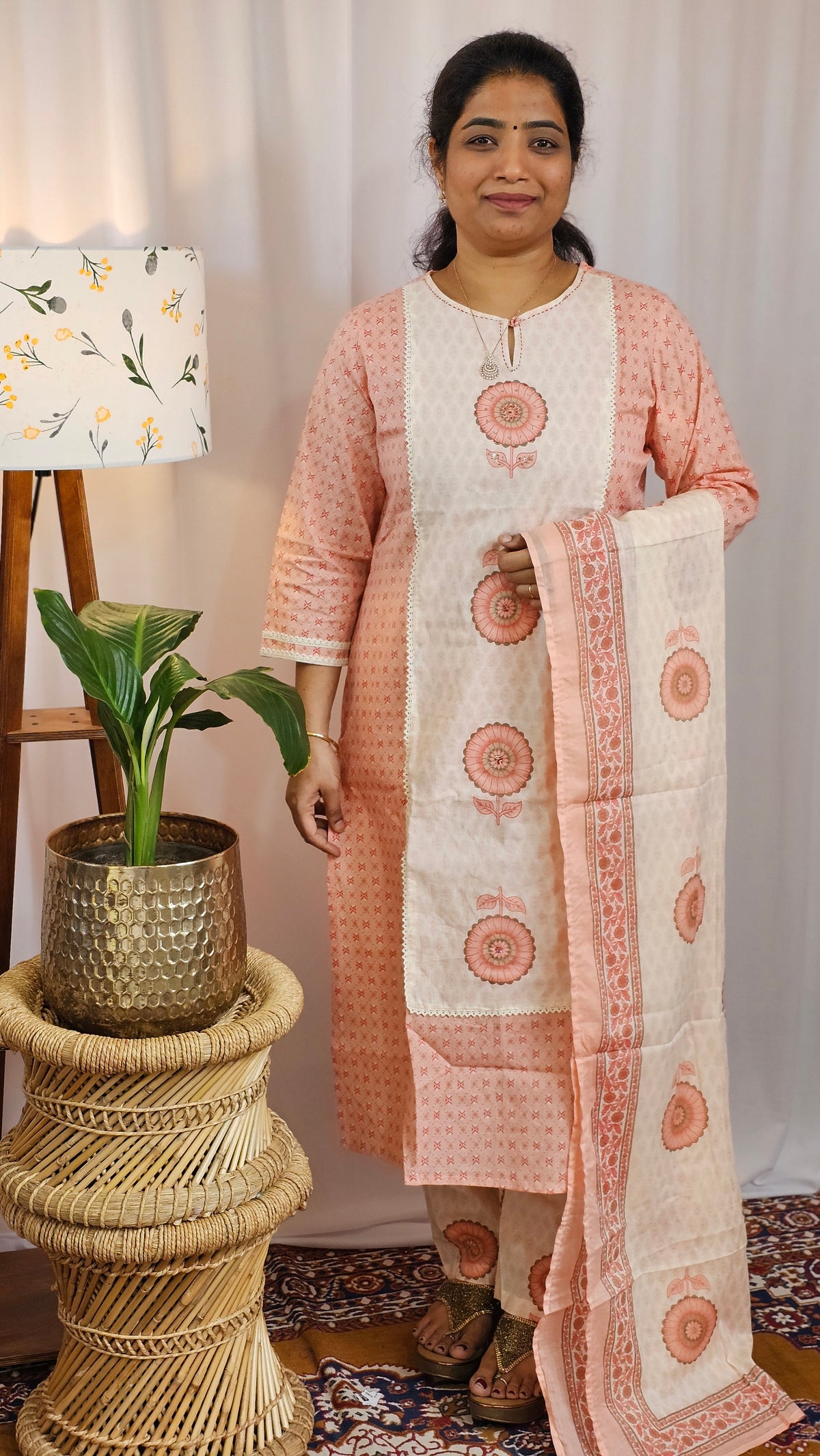 Premium 3 Pcs Cotton Aline kurti with bottom and Dupatta - Peach with Cream