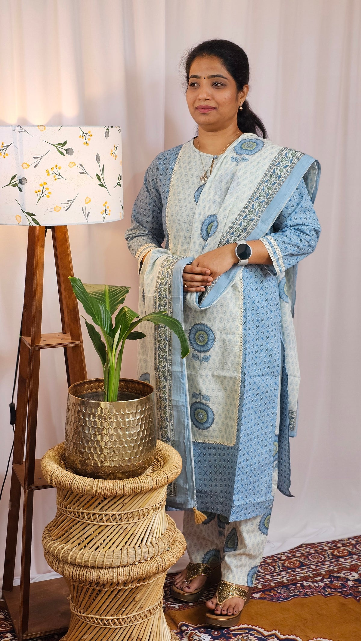 Premium 3 Pcs Cotton Aline kurti with bottom and Dupatta- Blue with Cream