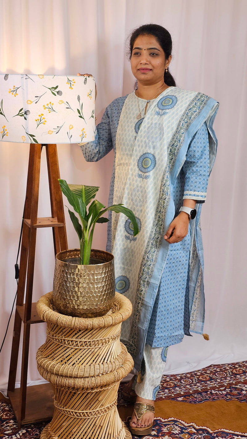 Premium 3 Pcs Cotton Aline kurti with bottom and Dupatta- Blue with Cream