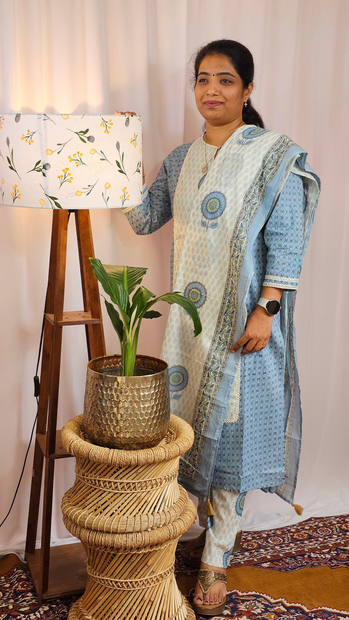 Premium 3 Pcs Cotton Aline kurti with bottom and Dupatta- Blue with Cream