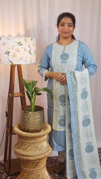 Premium 3 Pcs Cotton Aline kurti with bottom and Dupatta- Blue with Cream