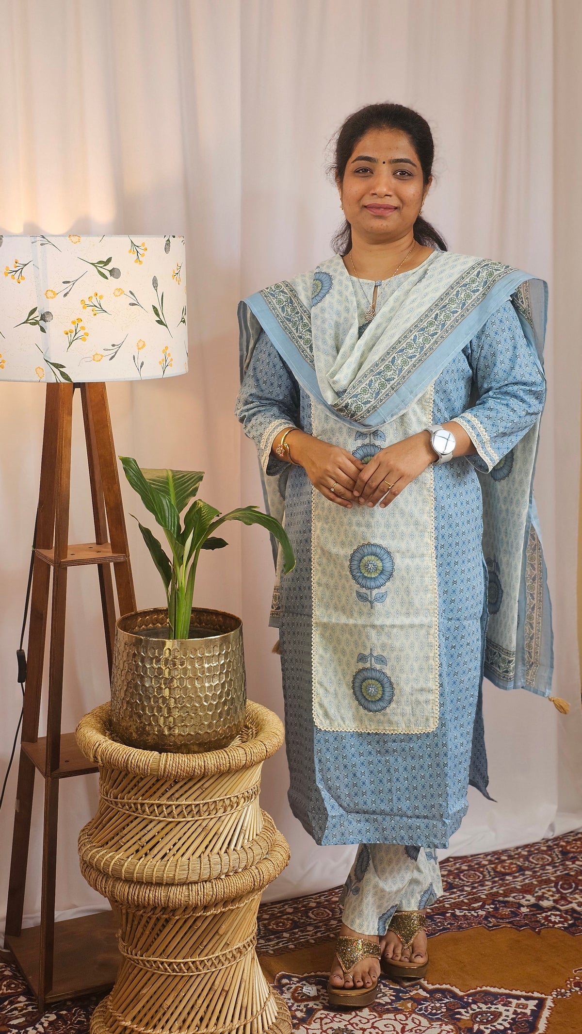 Premium 3 Pcs Cotton Aline kurti with bottom and Dupatta- Blue with Cream