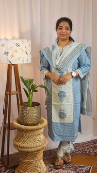 Premium 3 Pcs Cotton Aline kurti with bottom and Dupatta- Blue with Cream