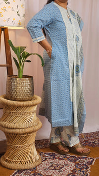 Premium 3 Pcs Cotton Aline kurti with bottom and Dupatta- Blue with Cream