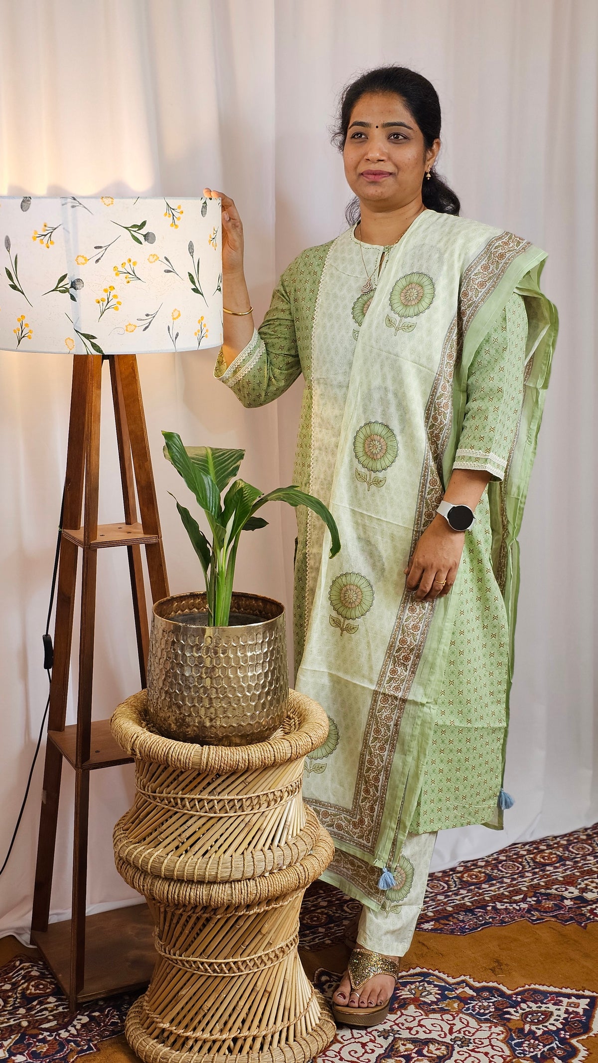Premium 3 Pcs Cotton Aline kurti with bottom and Dupatta - Green with Cream