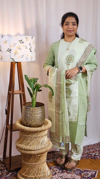 Premium 3 Pcs Cotton Aline kurti with bottom and Dupatta - Green with Cream