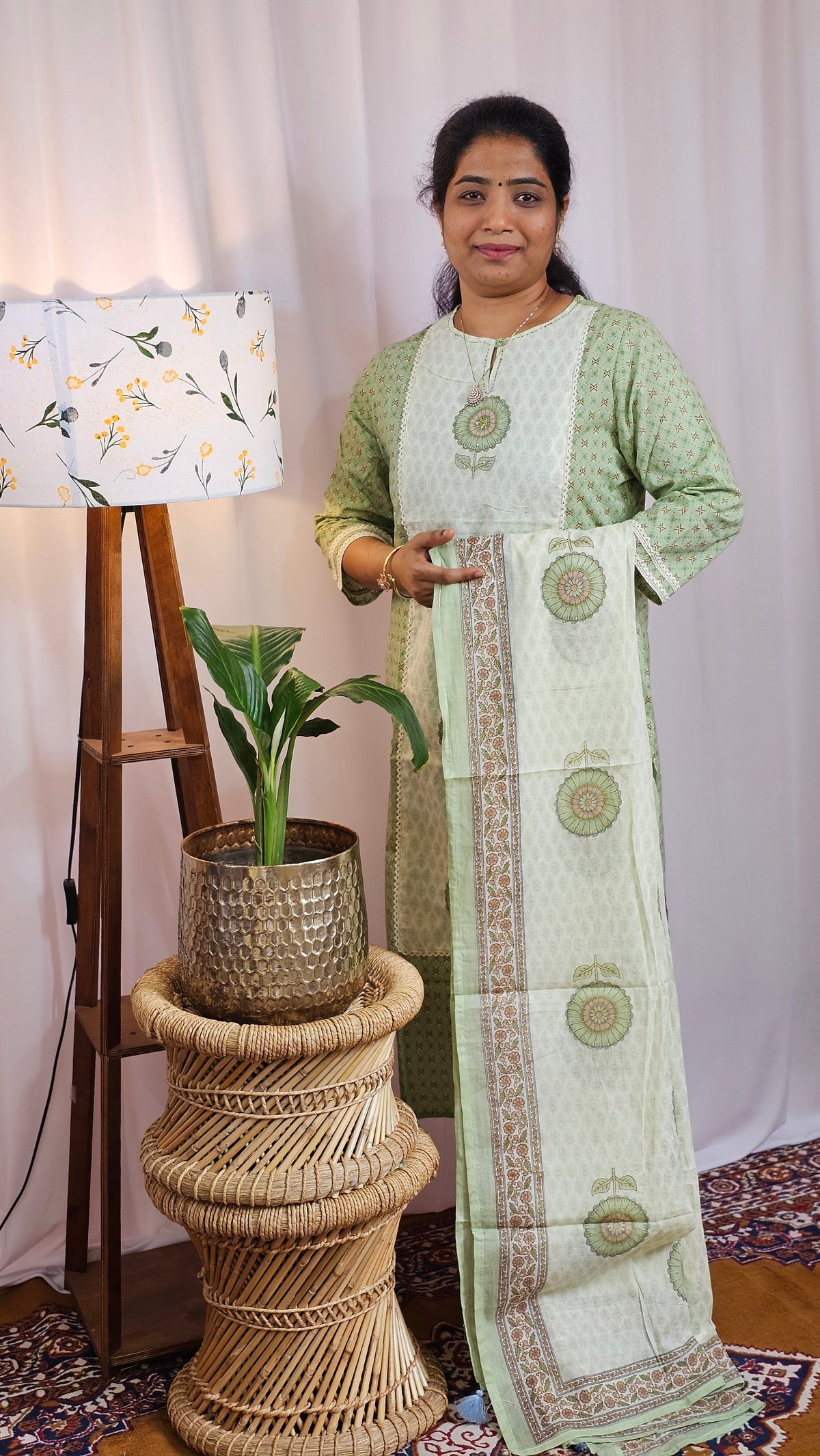 Premium 3 Pcs Cotton Aline kurti with bottom and Dupatta - Green with Cream
