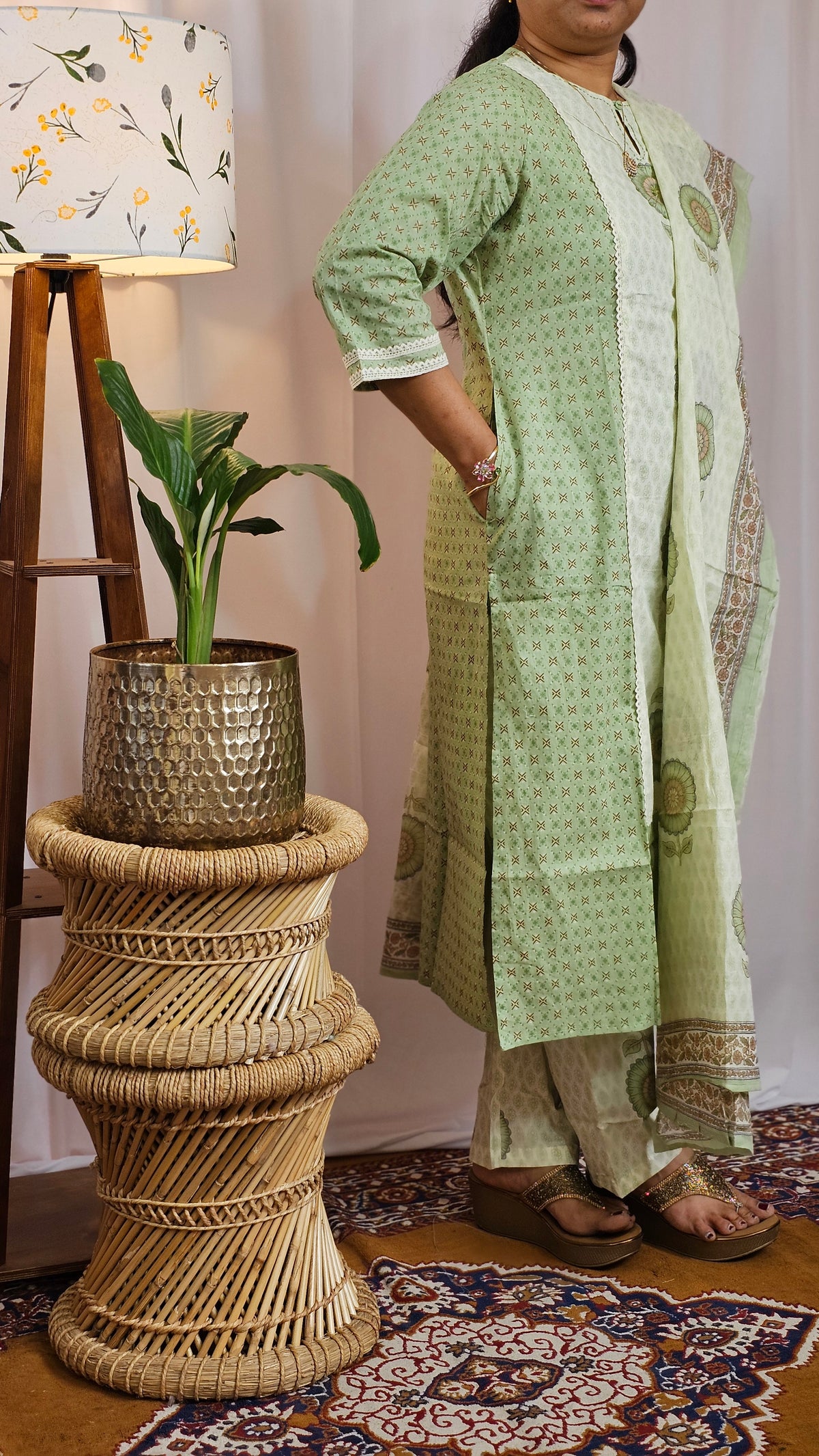Premium 3 Pcs Cotton Aline kurti with bottom and Dupatta - Green with Cream
