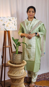 Premium 3 Pcs Cotton Aline kurti with bottom and Dupatta - Green with Cream