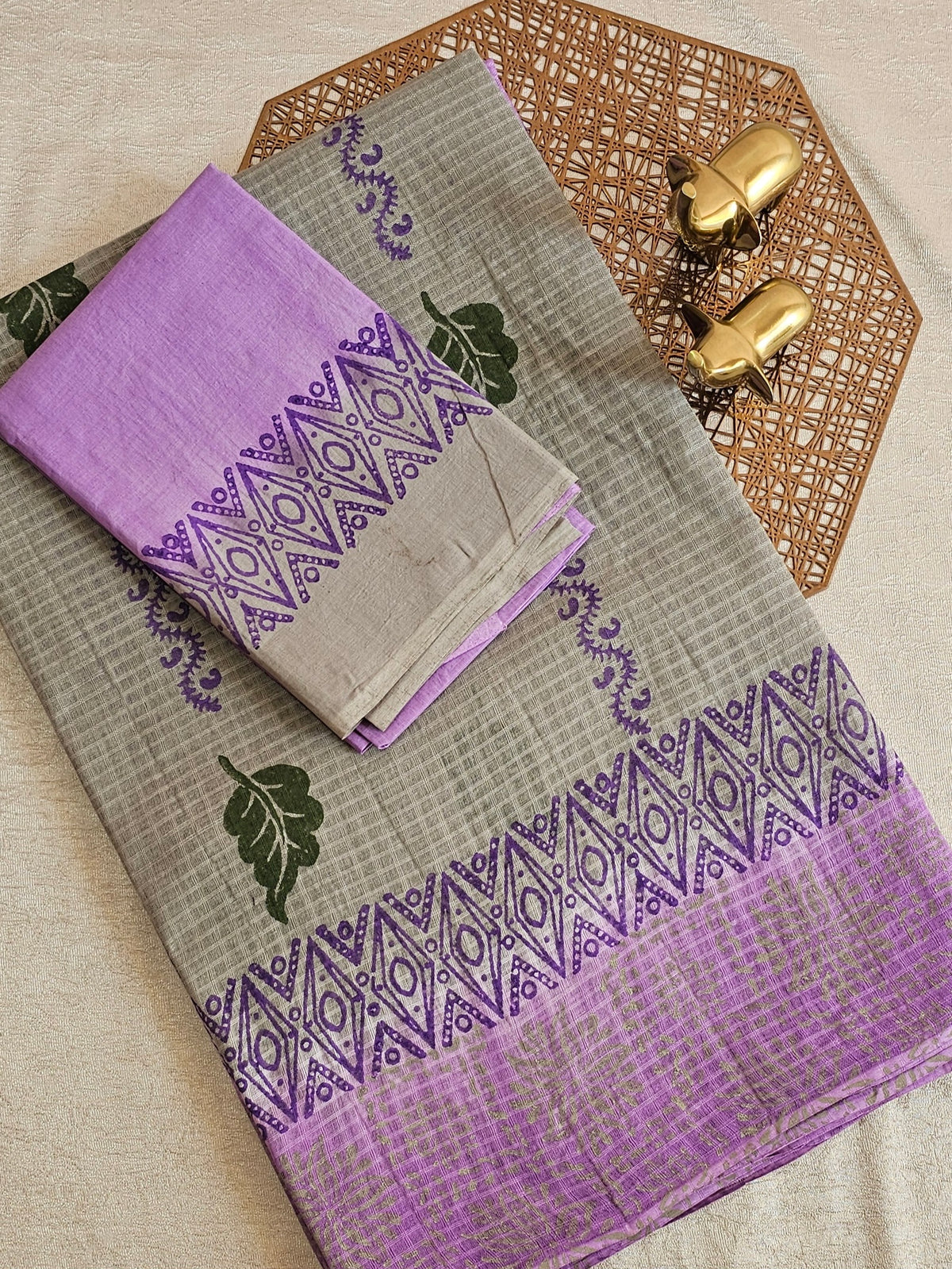 Pure Cotton with Checks Hand Block Prints - Grey with Purple