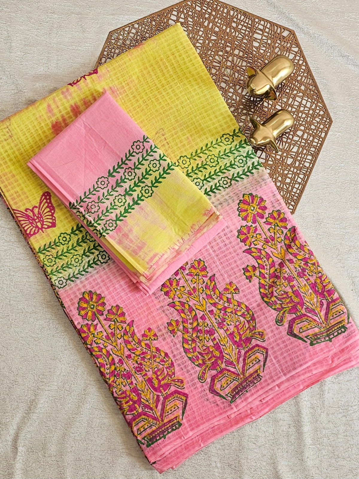 Cotton Checks with Hand Block Prints -  Yellow with Pink