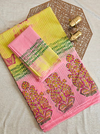 Cotton Checks with Hand Block Prints -  Yellow with Pink